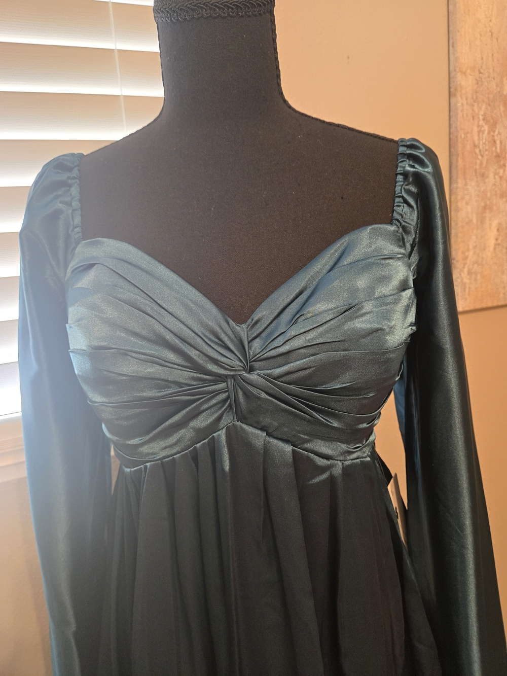 Satin Long-Sleeve Twisted Bodice Mini Dress - Teal Green